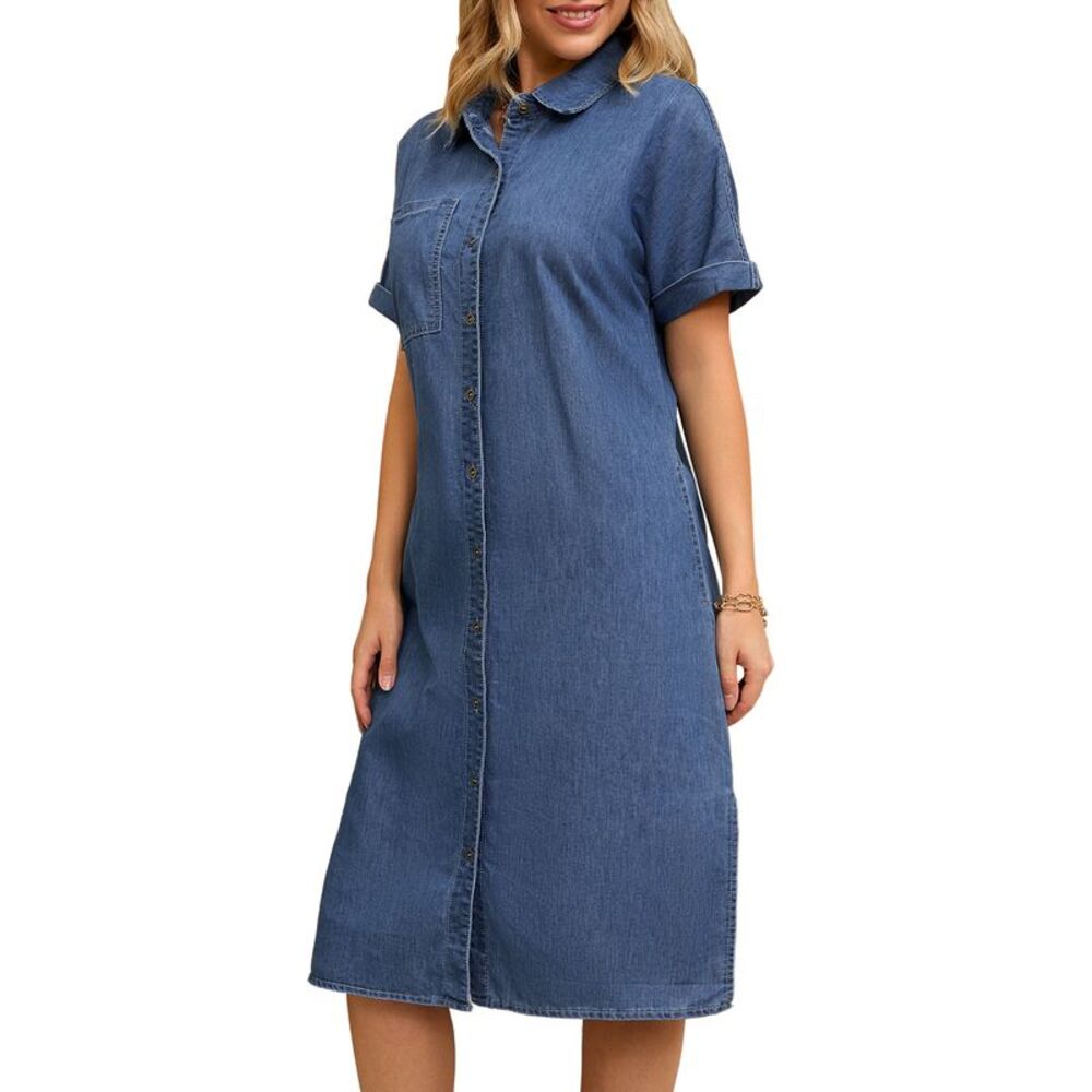 Summer Short Sleeve Button Down Casual Midi Tunic Jean Shirt Dress Blue